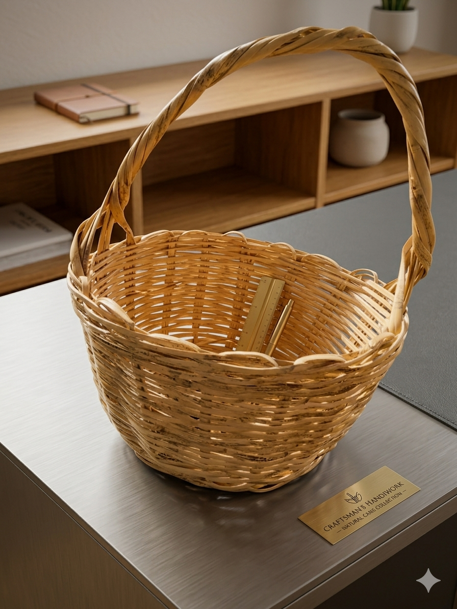 Artisan Hand-Woven Cane Desk Organizer Basket